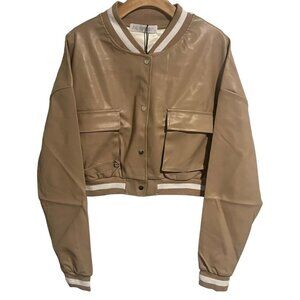 AQ Sport Varsity Jacket Womens 1X Cropped Faux Leather Plus Size Baseball NEW
